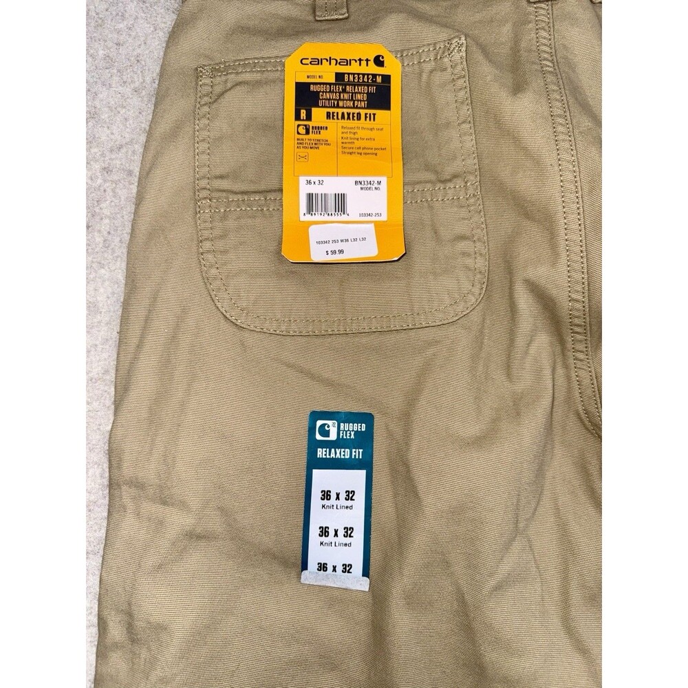 Carhartt Rugged Flex Knit-Lined Relaxed Straight Canvas Pants Beige 36x32 NWT - Picture 4 of 12